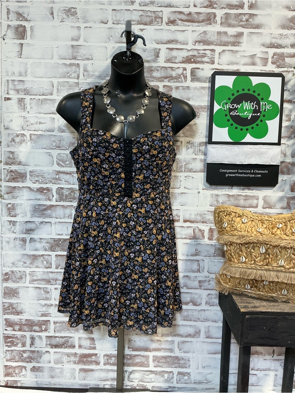 Floral Square Neck Mini Dress in Black with Yellow & Lavender Flowers